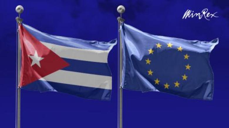 Banderas de Cuba y la Unión Europea en una nota del MINREX.